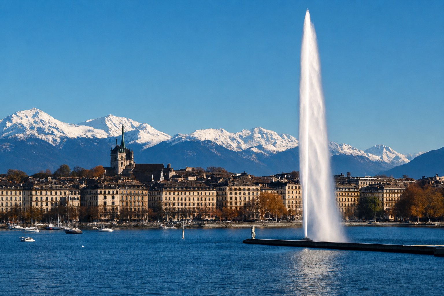 Lake Geneva, the Jet d’Eau and the Swiss Alps